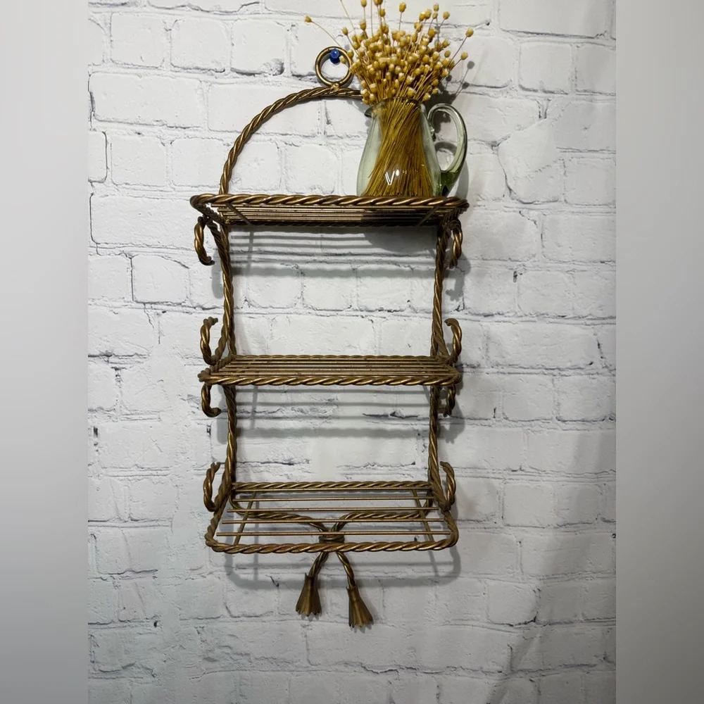 Vintage Hollywood Regency style twisted rope design 3-tier gold tone metal shelf
